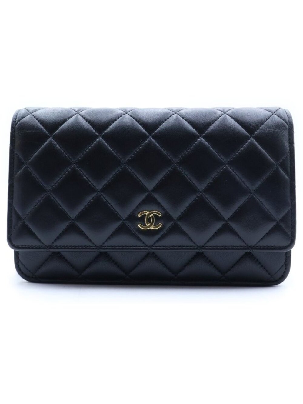 Chanel Quilted Chain Wallet Shoulder Bag Black Lambskin Plate Gold